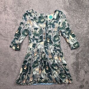 Y2K Parisian Artsy Whimsical Music Cityscape Dress Womens XS Blue Button Front